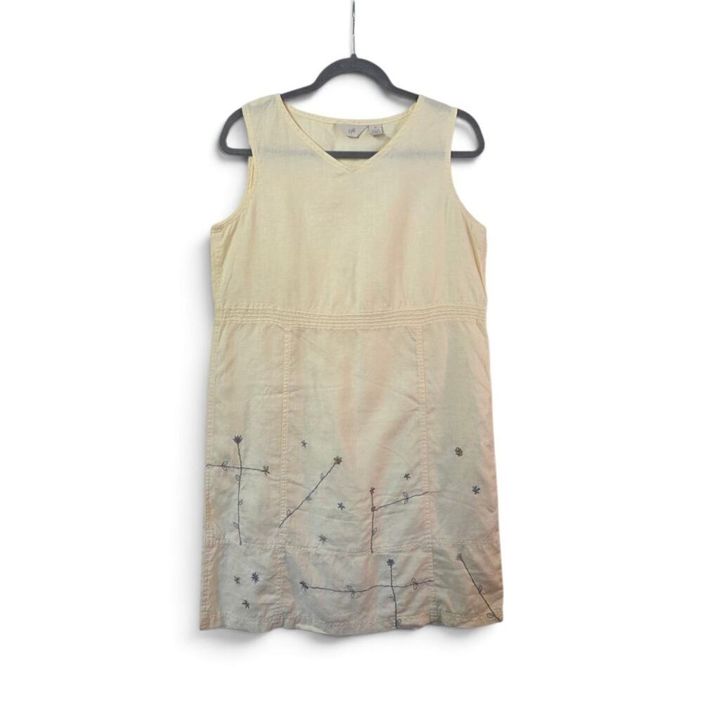 J. Jill 100% Linen Vintage Sleeveless Shift Dress Cream Floral Embroidered Sz 12